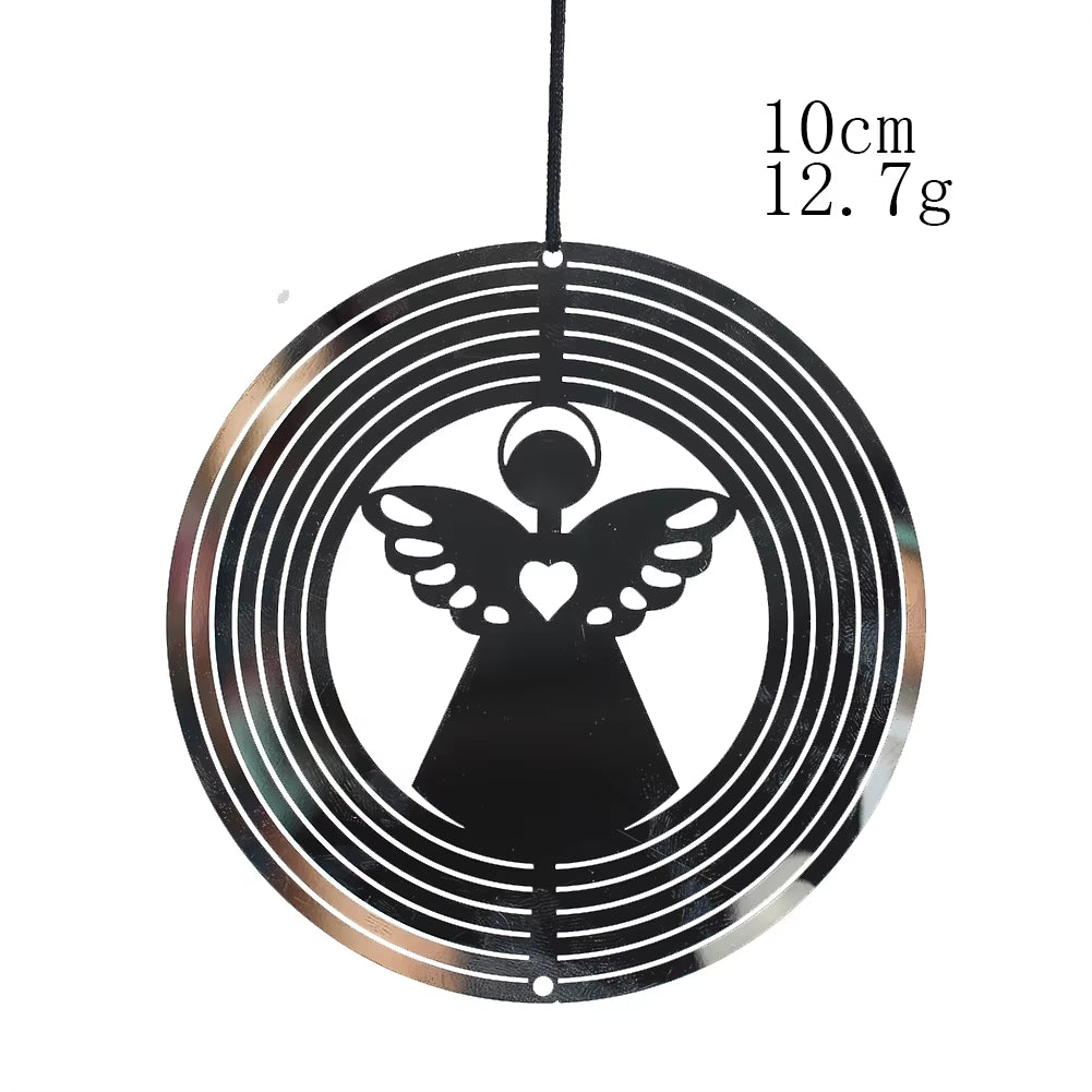 Black metal angel wind spinner with circular rings for garden decor charm