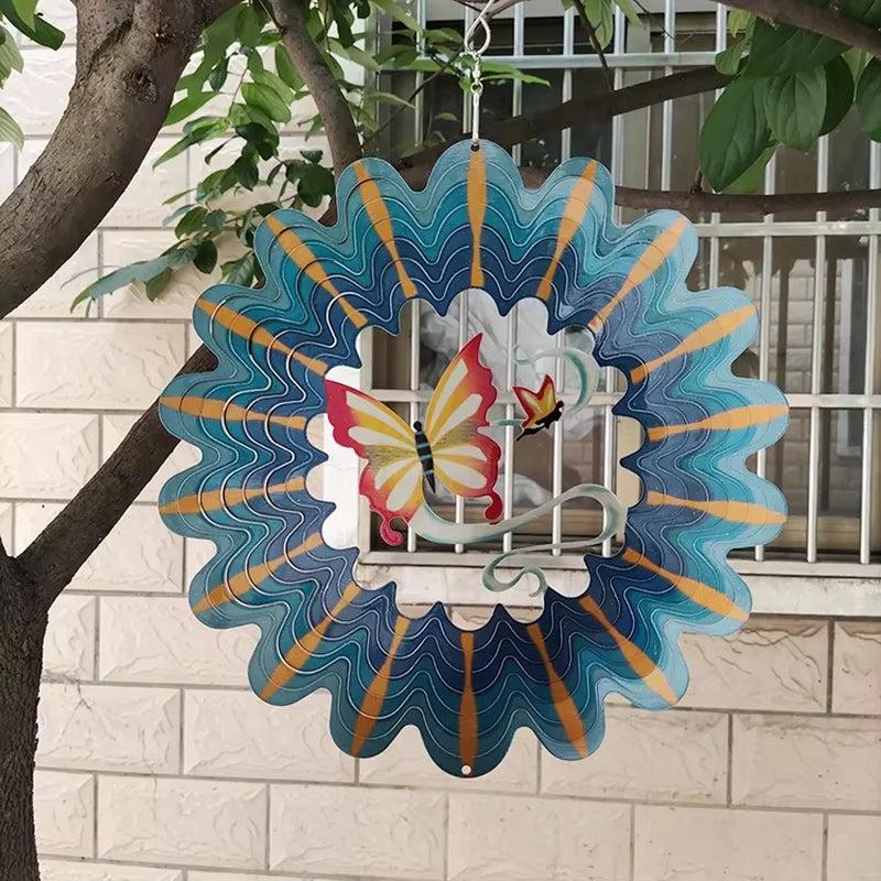 Decorative blue and gold metal wind spinner with butterfly design for garden decor