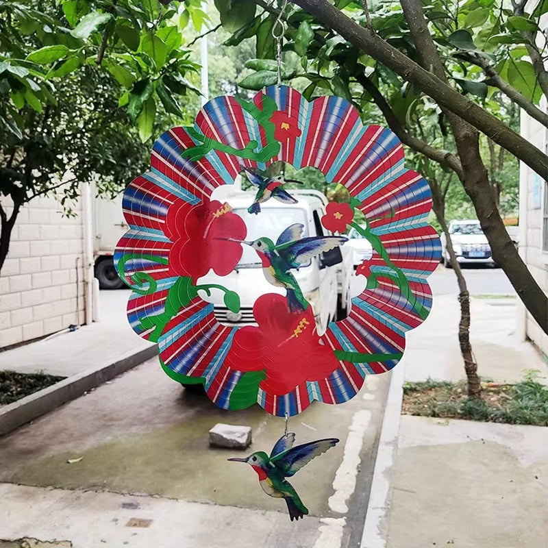 Colorful circular wreath with red flowers and blue hummingbirds for 3D Kinetic Metal Wind Spinner