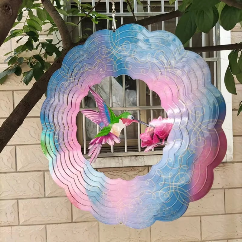 Colorful 3D Kinetic Metal Wind Spinner with Hummingbird Designs in Iridescent Tones