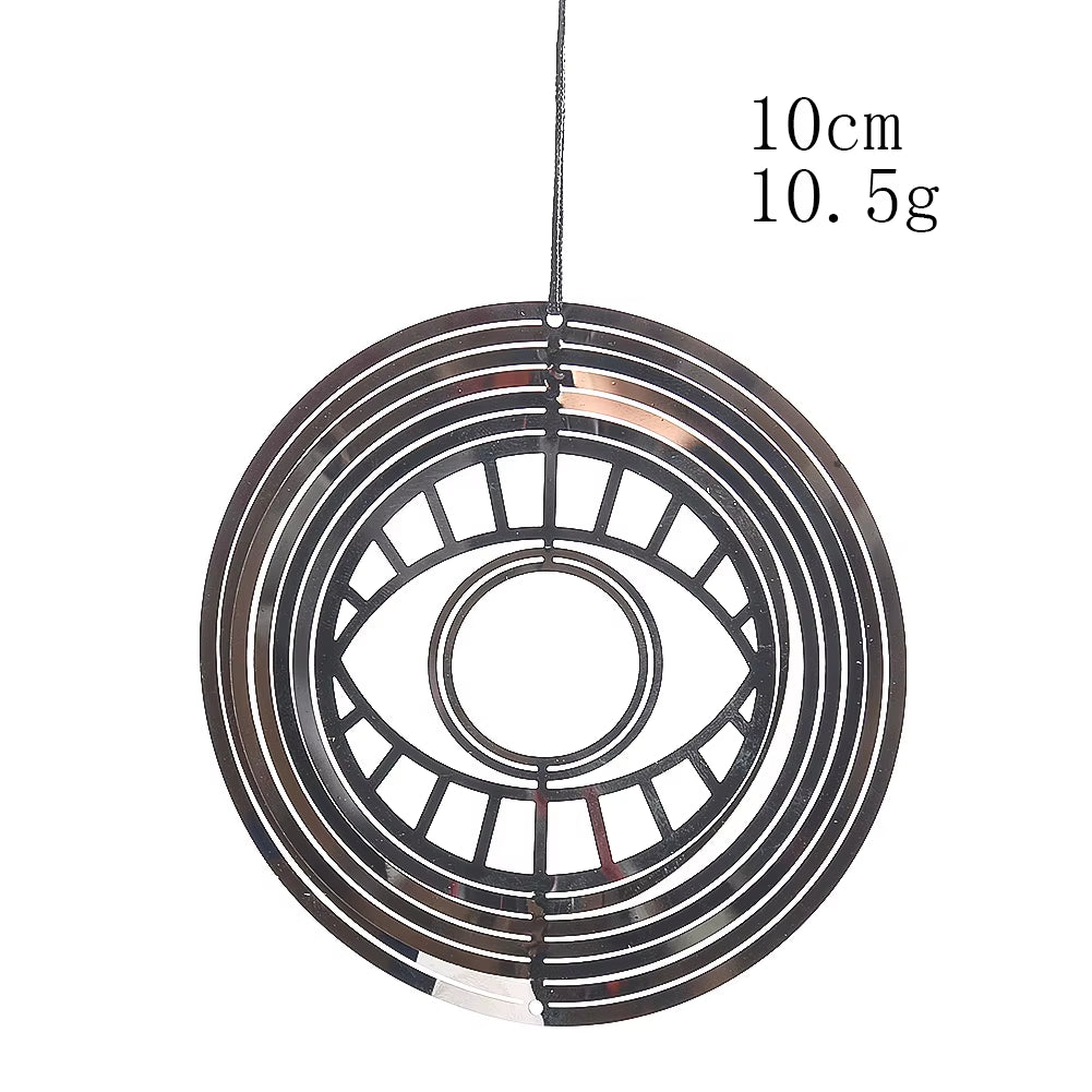 Circular metal wind spinner featuring a Turkish Eye design for garden decor