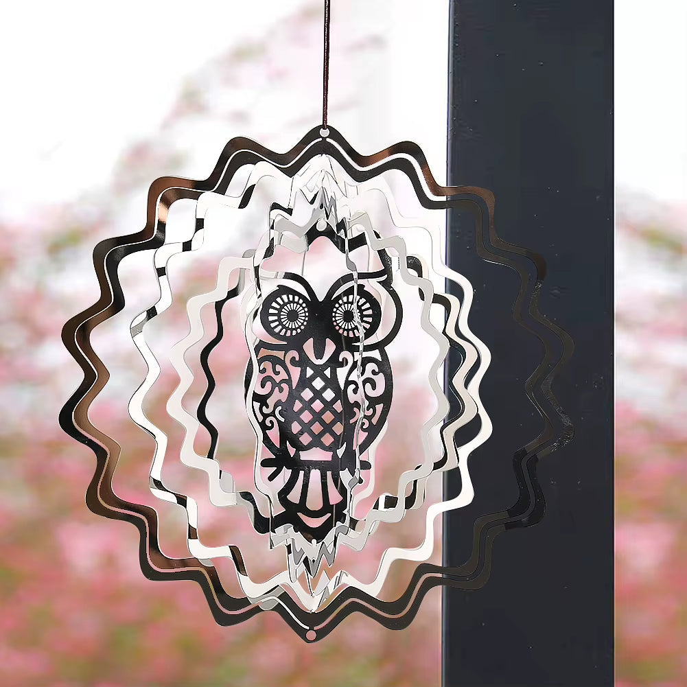 3D Owl Kinetic Metal Wind Spinner Suncatcher with intricate owl patterns and designs