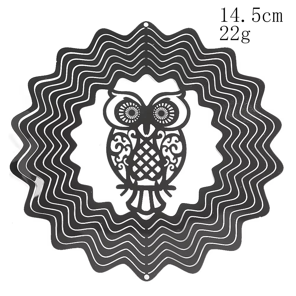 Decorative owl design in spiral patterns with wavy concentric rings on 3D wind spinner