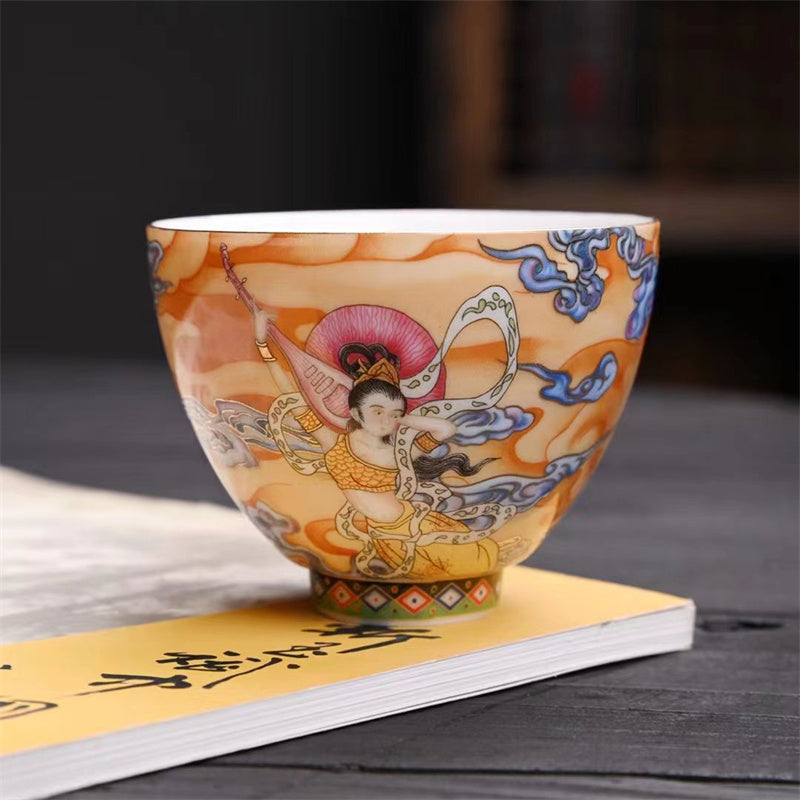 Dunhuang Flying Apsaras Ceramic Tea Cup 100ml Zen Decor