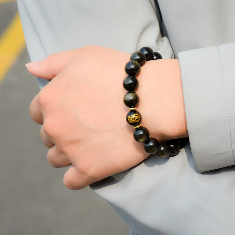 Gold Sheen Obsidian Chinese Zodiac Protection Bracelet 12mm