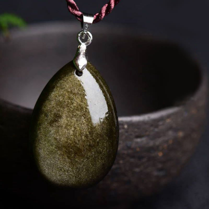 Water Drop Obsidian Necklace Pendant | Gold Sheen & Rainbow Black