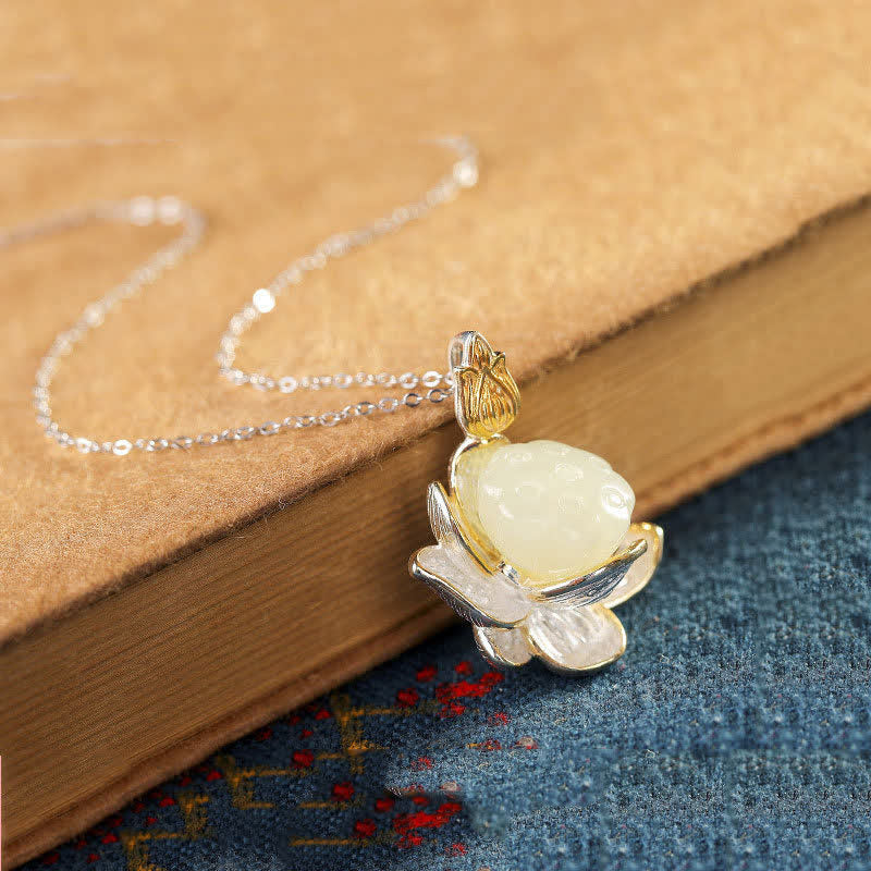 White Jade Lotus Flower Happiness Protection Necklace