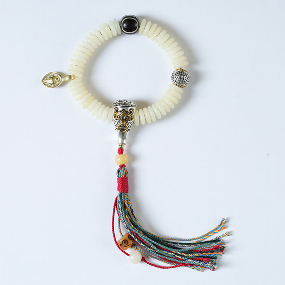 3x10mm White Bodhi Seed Wisdom Tassel Wrist Mala Bracelet