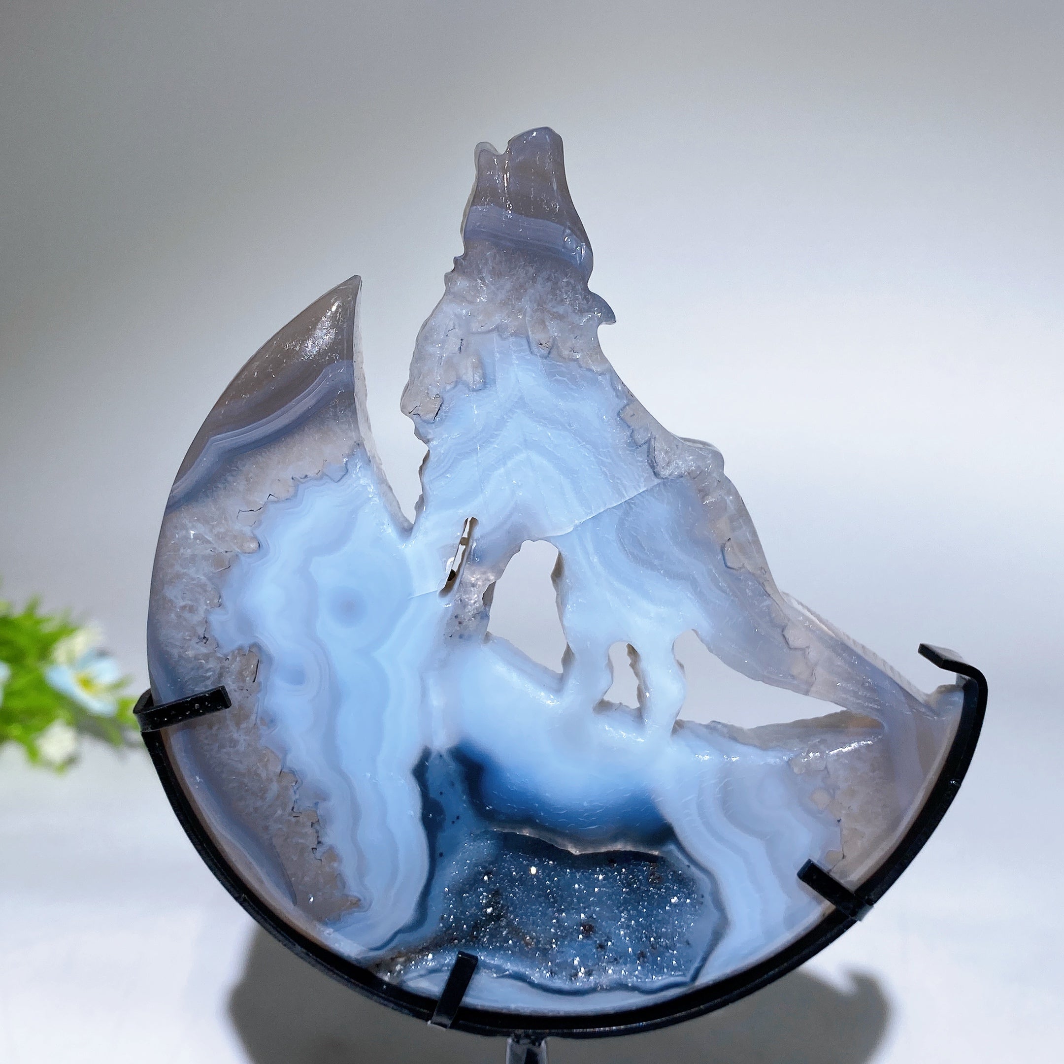 4.0-4.4" Crystal Wolf Carving on Moon with Stand