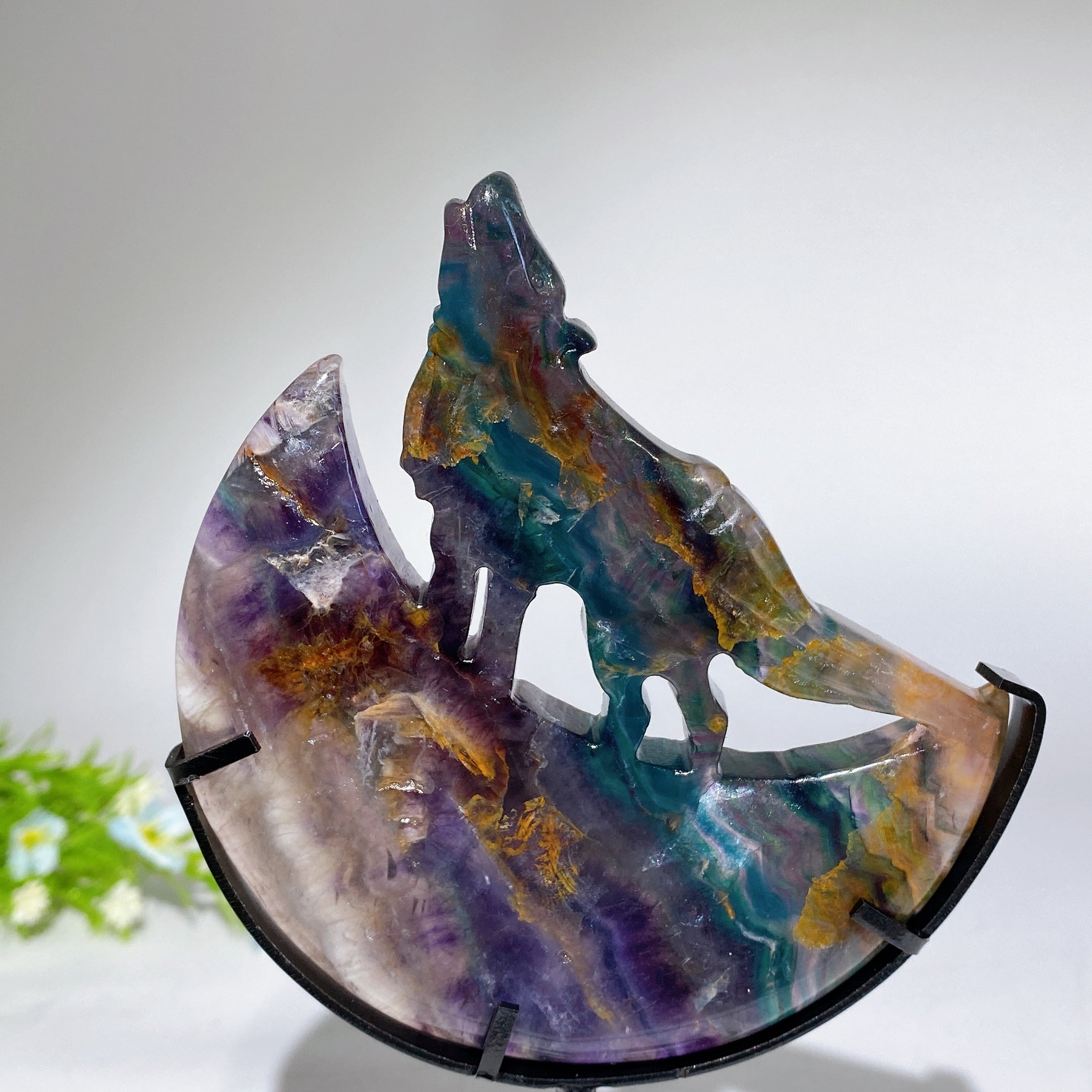 4.0-4.4" Crystal Wolf Carving on Moon with Stand