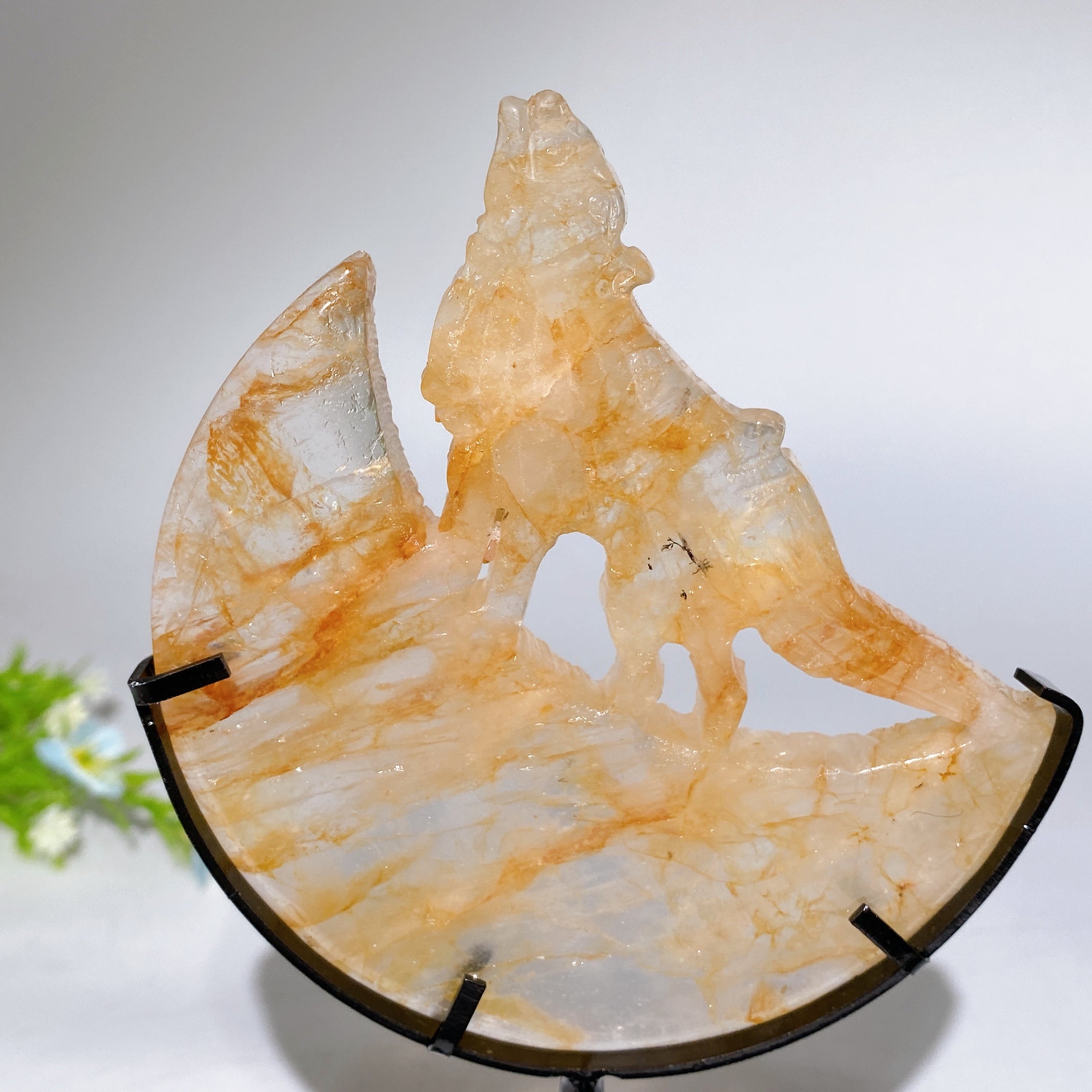 4.0-4.4" Crystal Wolf Carving on Moon with Stand