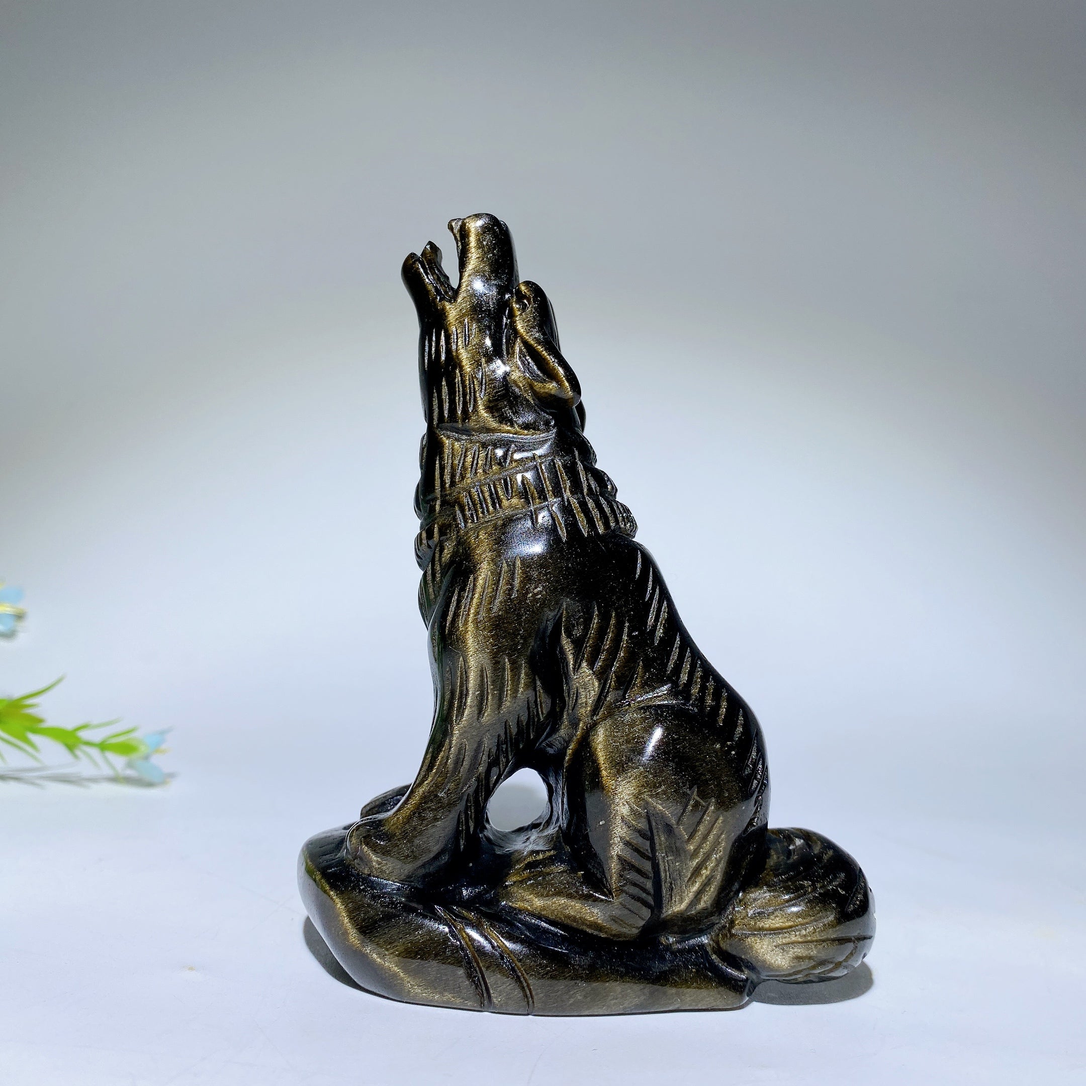 4.0" Silver Obsidian Crystal Wolf Carving - Healing Figurine