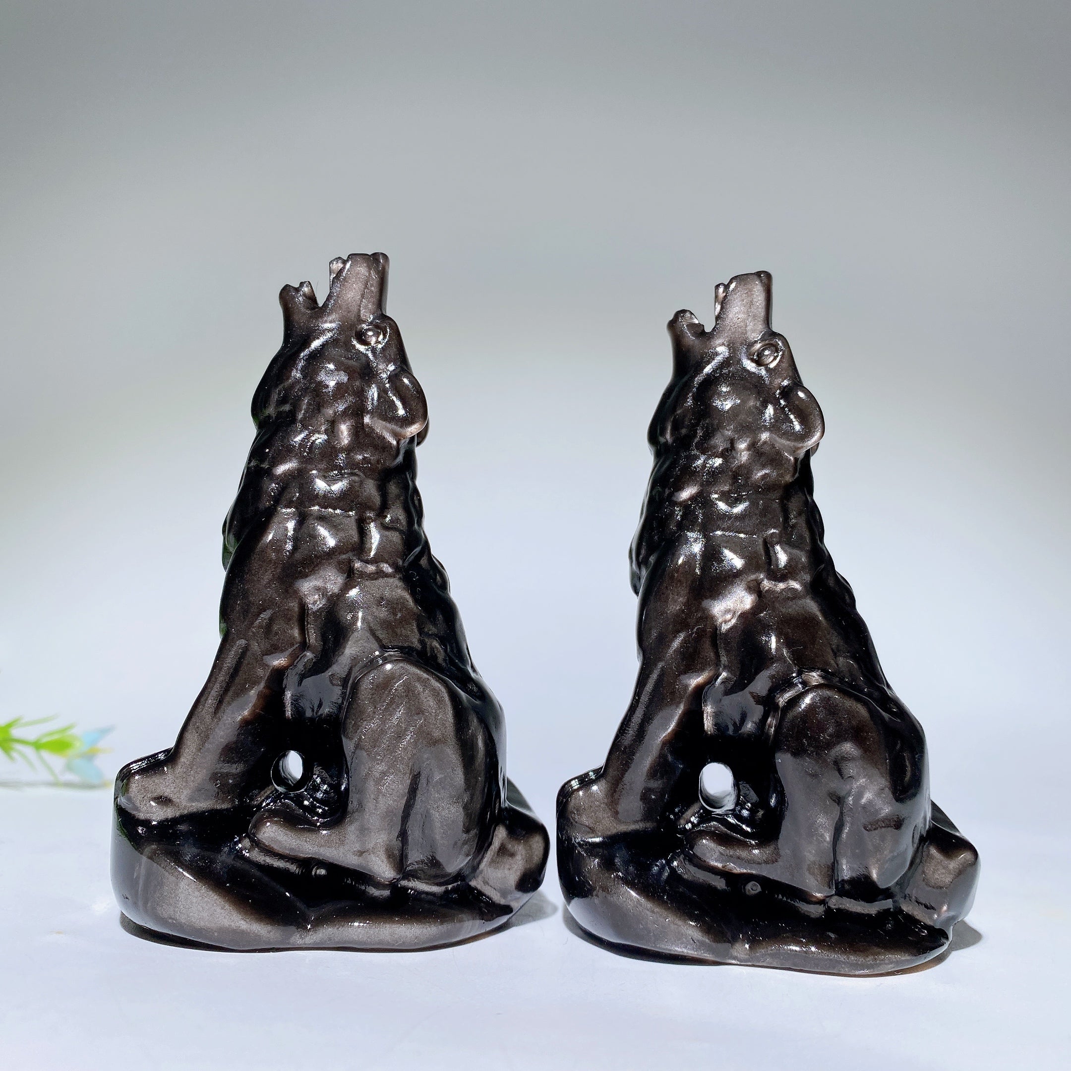 4.0" Silver Obsidian Crystal Wolf Carving - Healing Figurine