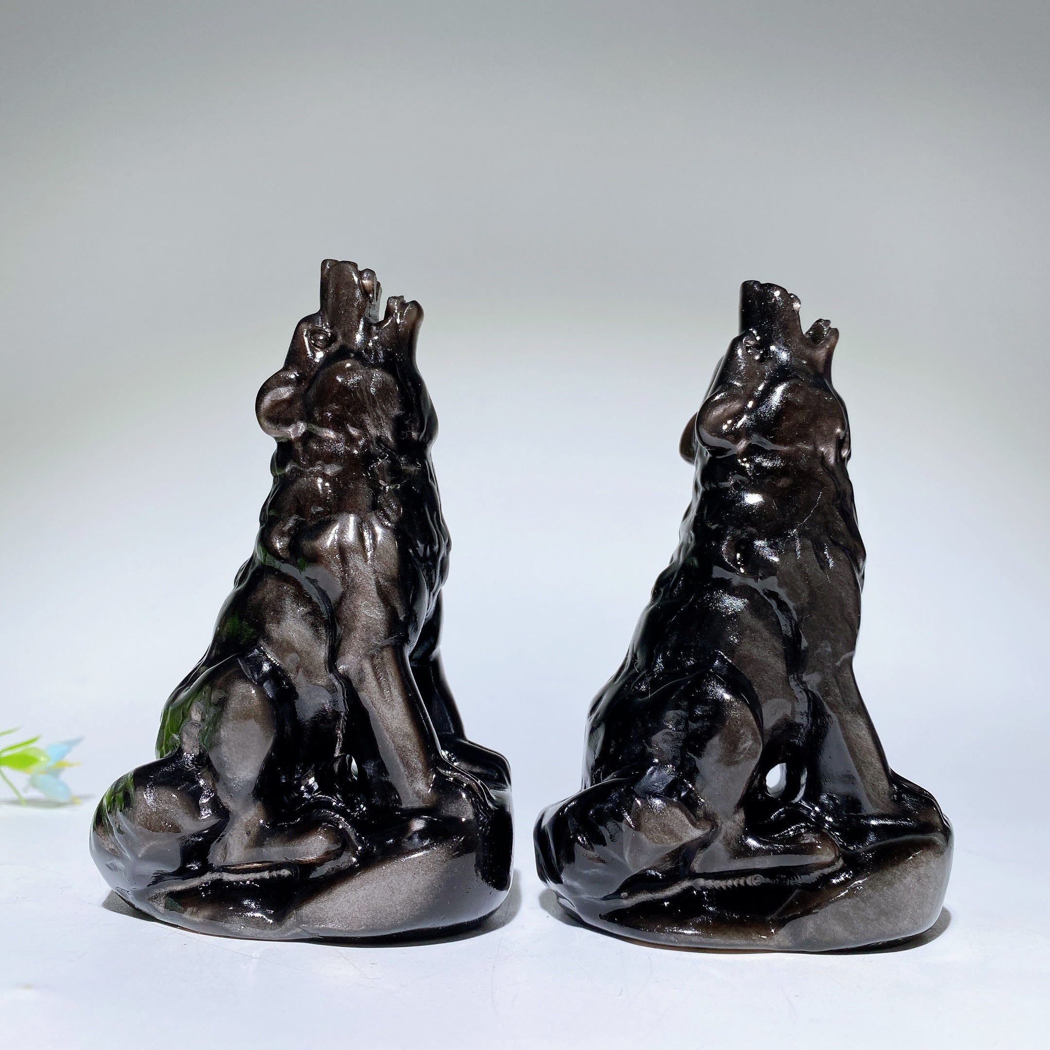 4.0" Silver Obsidian Crystal Wolf Carving - Healing Figurine