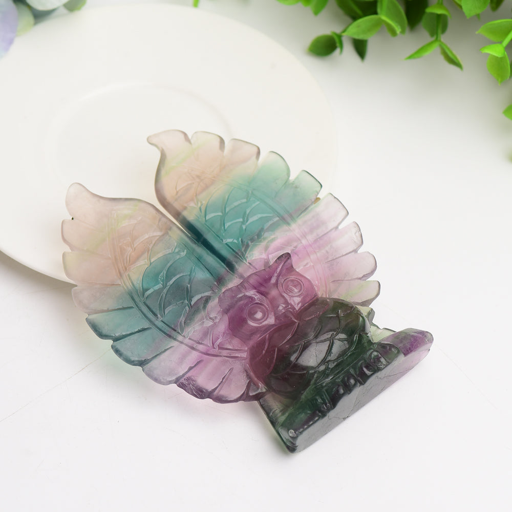 4.4" Rainbow Fluorite Hand-Carved Crystal Owl Figurine