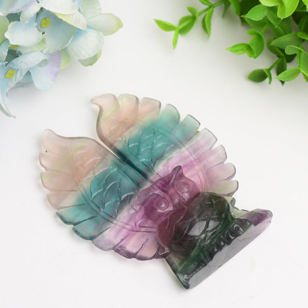4.4" Rainbow Fluorite Hand-Carved Crystal Owl Figurine