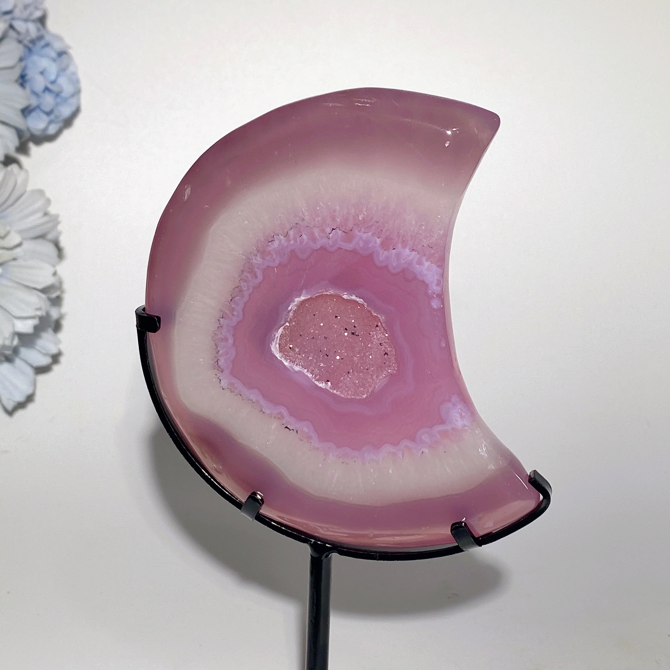 4.5" Druzy Pink Agate Moon Crystal with Stand for Healing