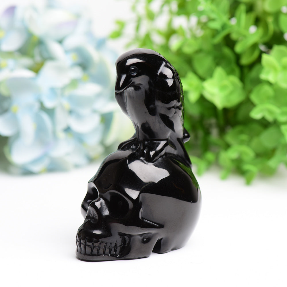 4.5-inch Black Obsidian Skull Figurine with Raven Carving
