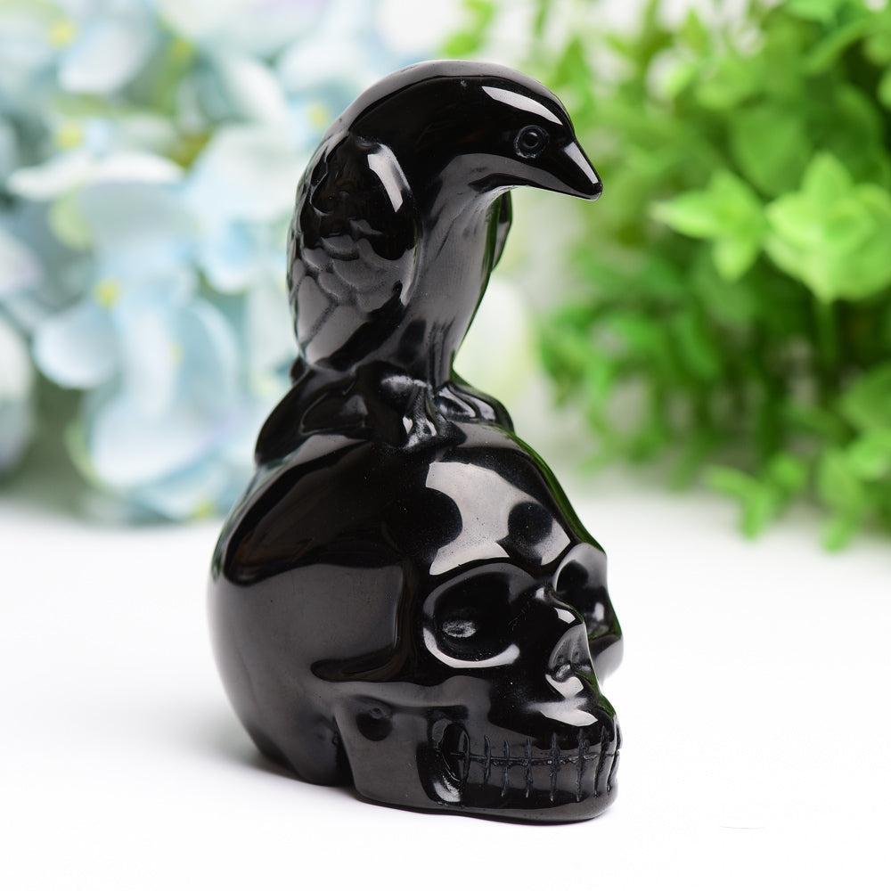 4.5-inch Black Obsidian Skull Figurine with Raven Carving