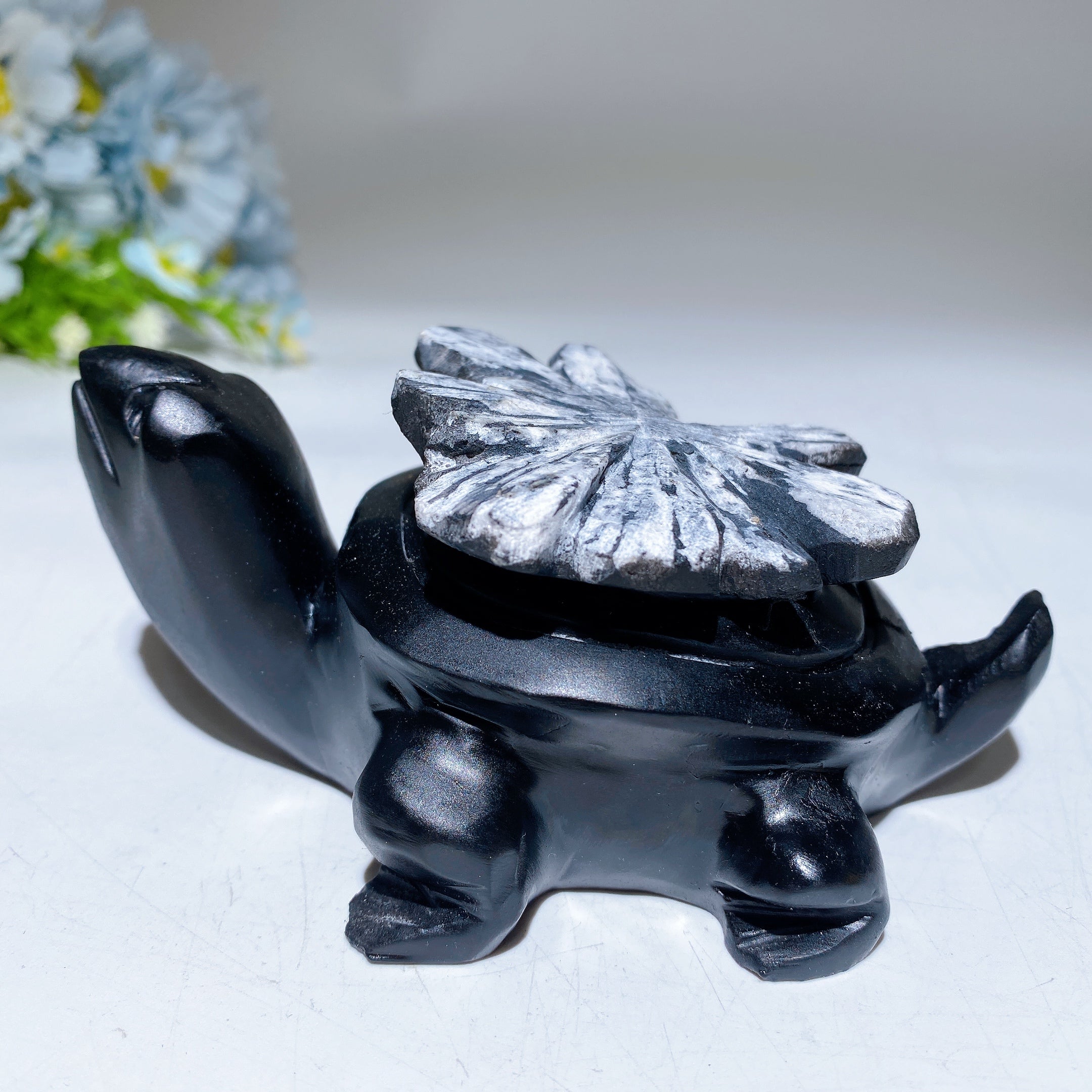 4.6-inch Black Obsidian Crystal Turtle with Chrysanthemum Carving