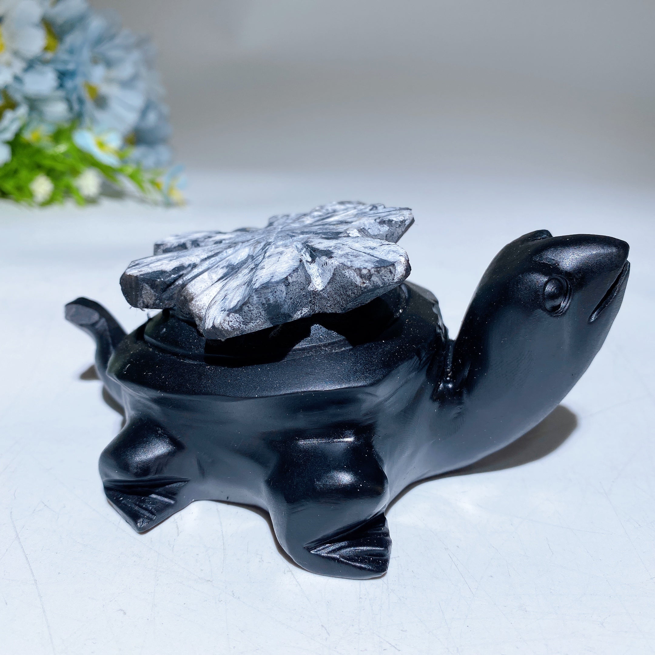 4.6-inch Black Obsidian Crystal Turtle with Chrysanthemum Carving
