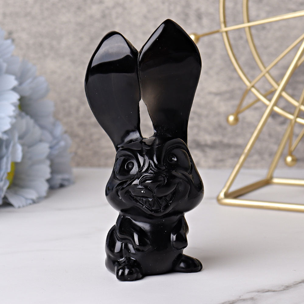 4.7 inch Black Obsidian Big Ears Rabbit Crystal Carving