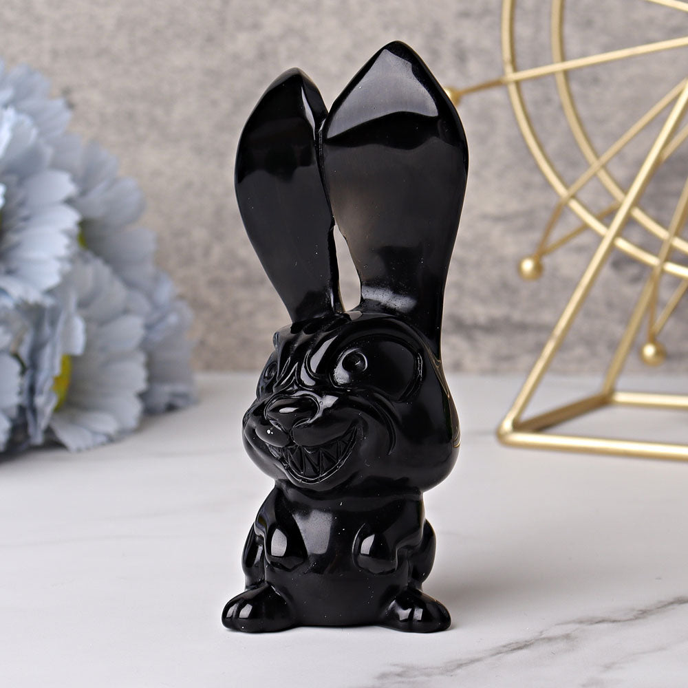 4.7 inch Black Obsidian Big Ears Rabbit Crystal Carving