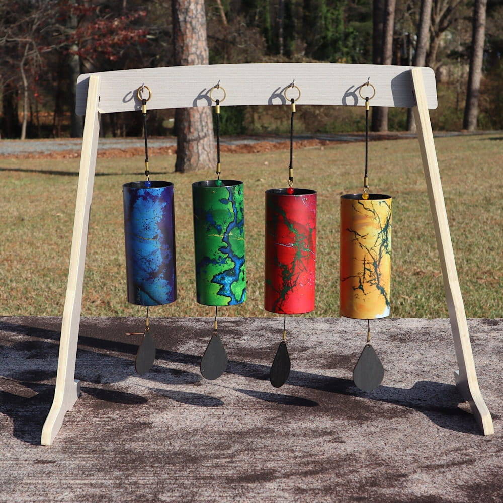 4-Element Colorful Wind Chime Set - Earth Air Water Fire - With Large Stand / Bamboo - On sale