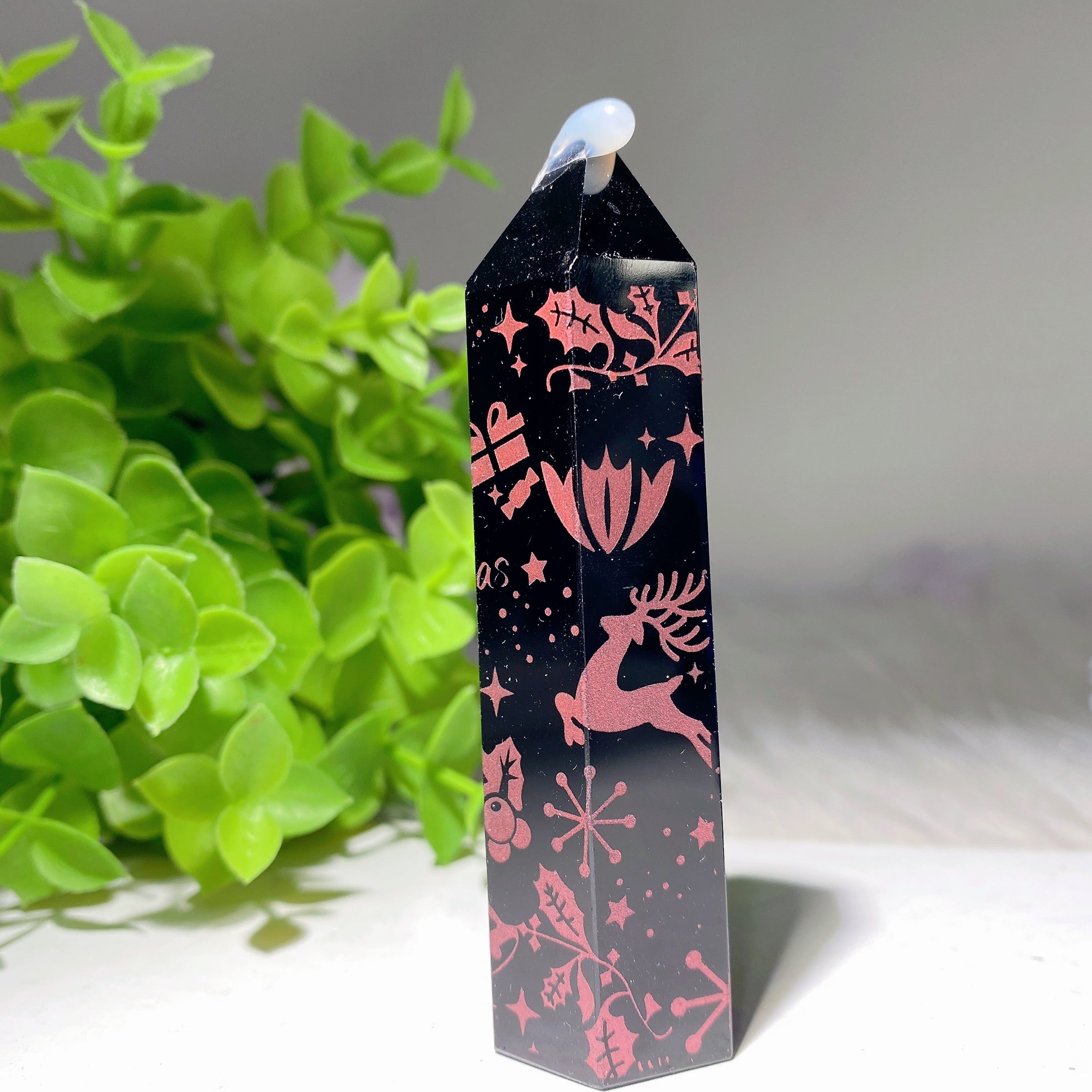4-Inch Black Obsidian Crystal Point with Festive Prints