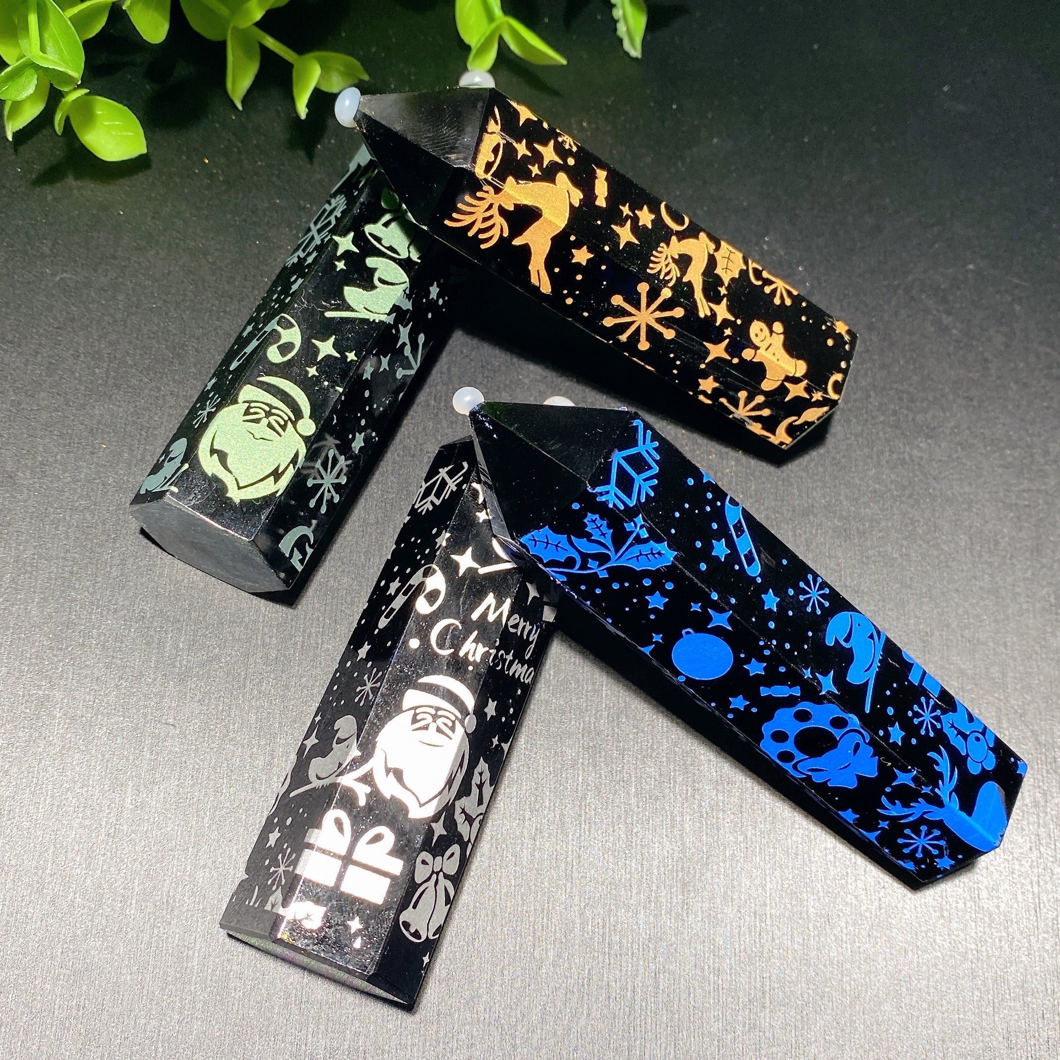4-Inch Black Obsidian Crystal Point with Festive Prints