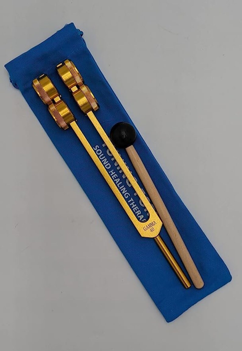 Golden 40 Hz Tuning Fork with mallet and blue case for sound healing therapy