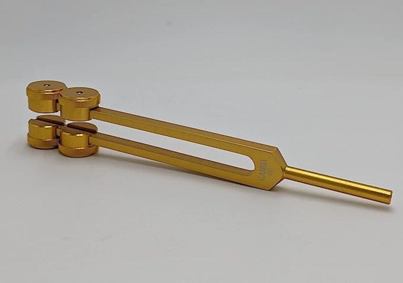 Golden metallic 40 Hz tuning fork with weights, healing mallet, and carrying bag