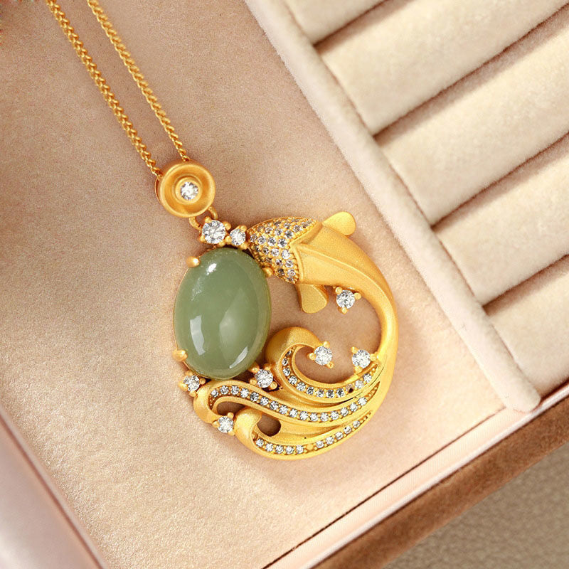 Cyan Jade Koi Fish Healing Necklace 40+5cm Unisex