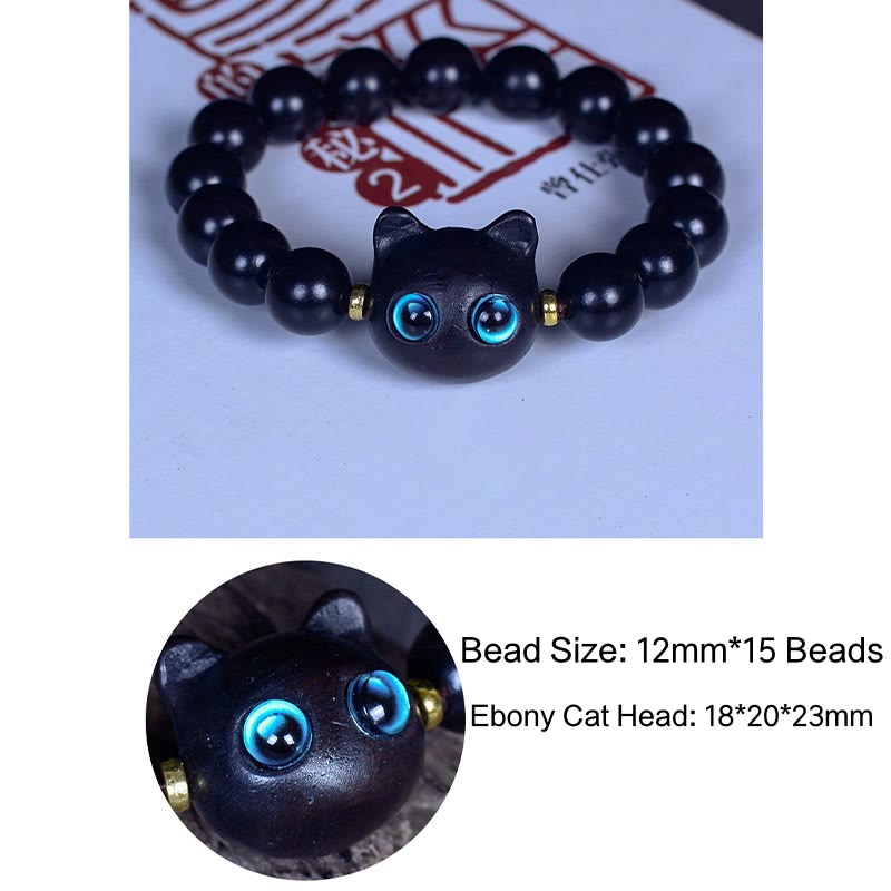 Ebony Wood Peace & Balance Bracelet with Cat Motif