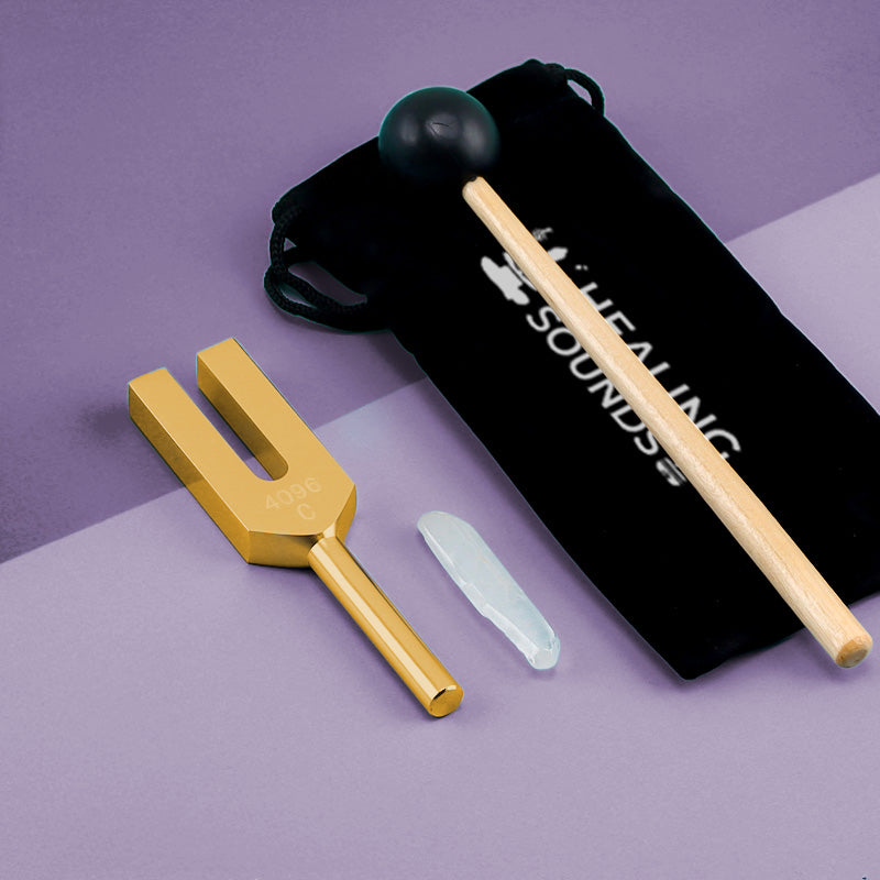 Gold 4096 Hz Tuning Fork with Crystal and black velvet pouch and accessories