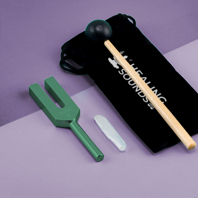 Green 4096 Hz Tuning Fork with Crystal and accessories in a black pouch