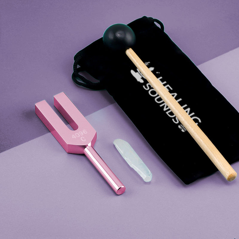 Pink metallic 4096 Hz Tuning Fork with Crystal and black velvet pouch and accessories