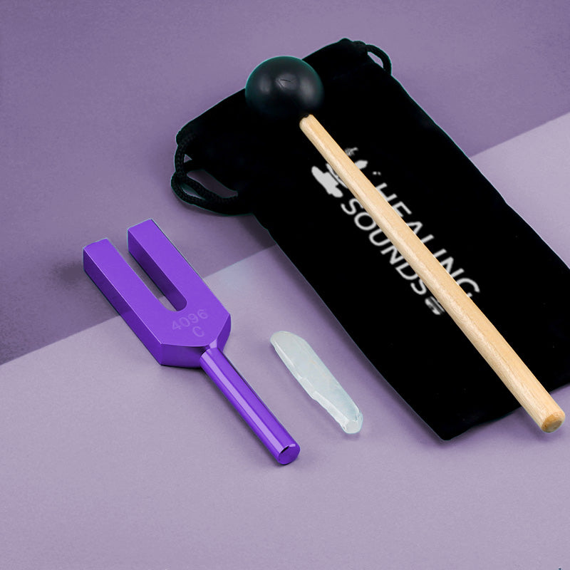 Purple 4096 Hz Tuning Fork with Crystal and black pouch for sound healing