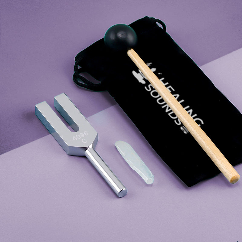 Tuning fork with rubber mallet and black velvet pouch for 4096 Hz Earth Crystal Tuner