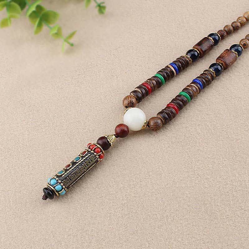 Om Mani Padme Hum Necklace | Wenge Wood Dzi Bead Pendant