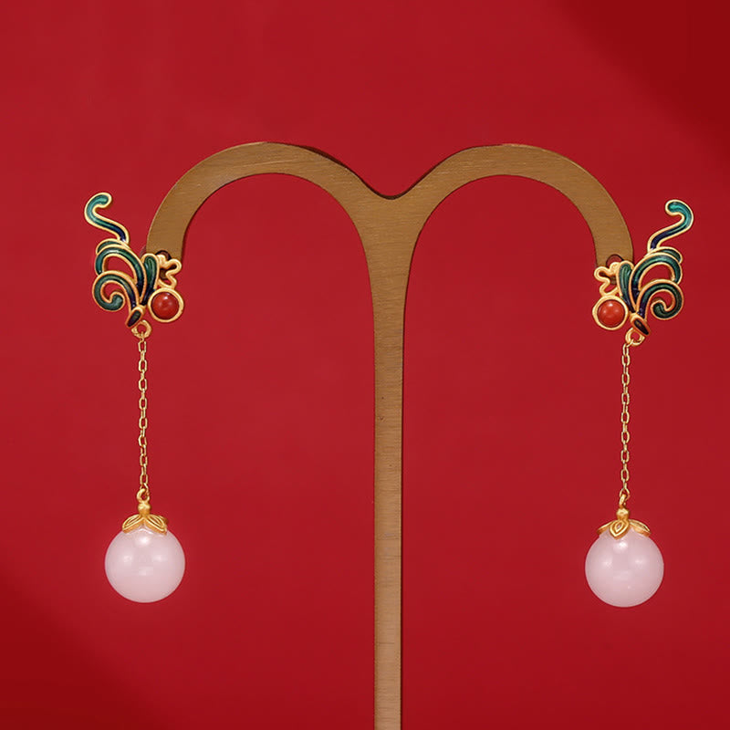 Vintage White Jade Red Agate Drop Earrings for Protection & Blessing