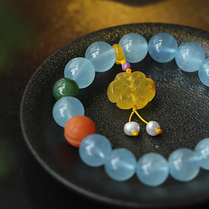Aquamarine & Amber Peace Bracelet with Chinese Knot Charm