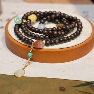 108 Agarwood Amber Red Agate Peace Buckle Jade Wood Mala Bracelet