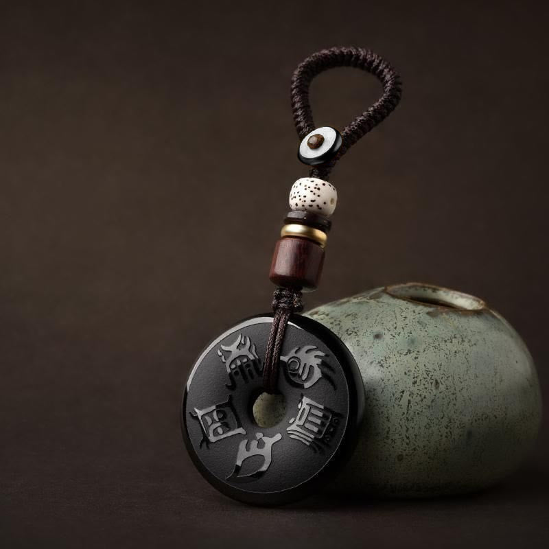 Black Obsidian Peace Buckle Necklace with Five Sacred Mountains Pendant