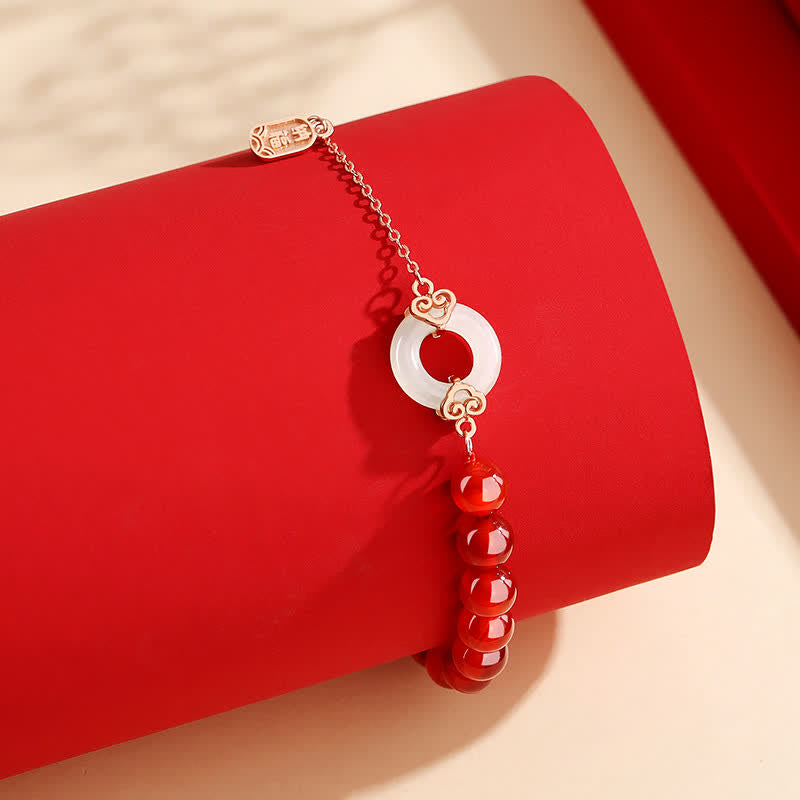 925 Sterling Silver Red Agate White Jade Peace Buckle Jade Bracelet for Confidence