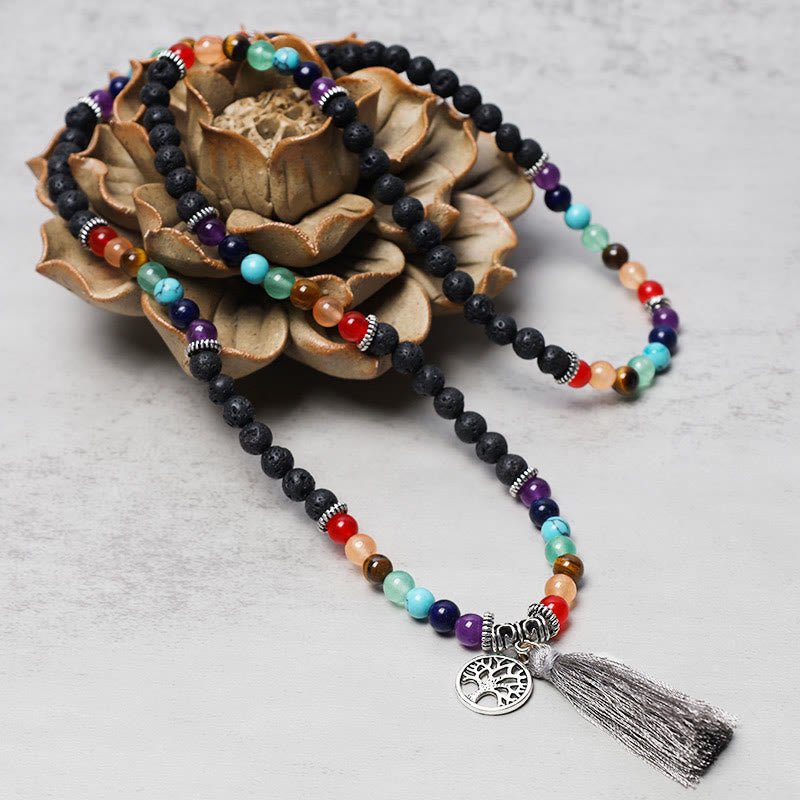 Unisex 108 Bead Mala Necklace with Amethyst & Tiger Eye Healing Beads