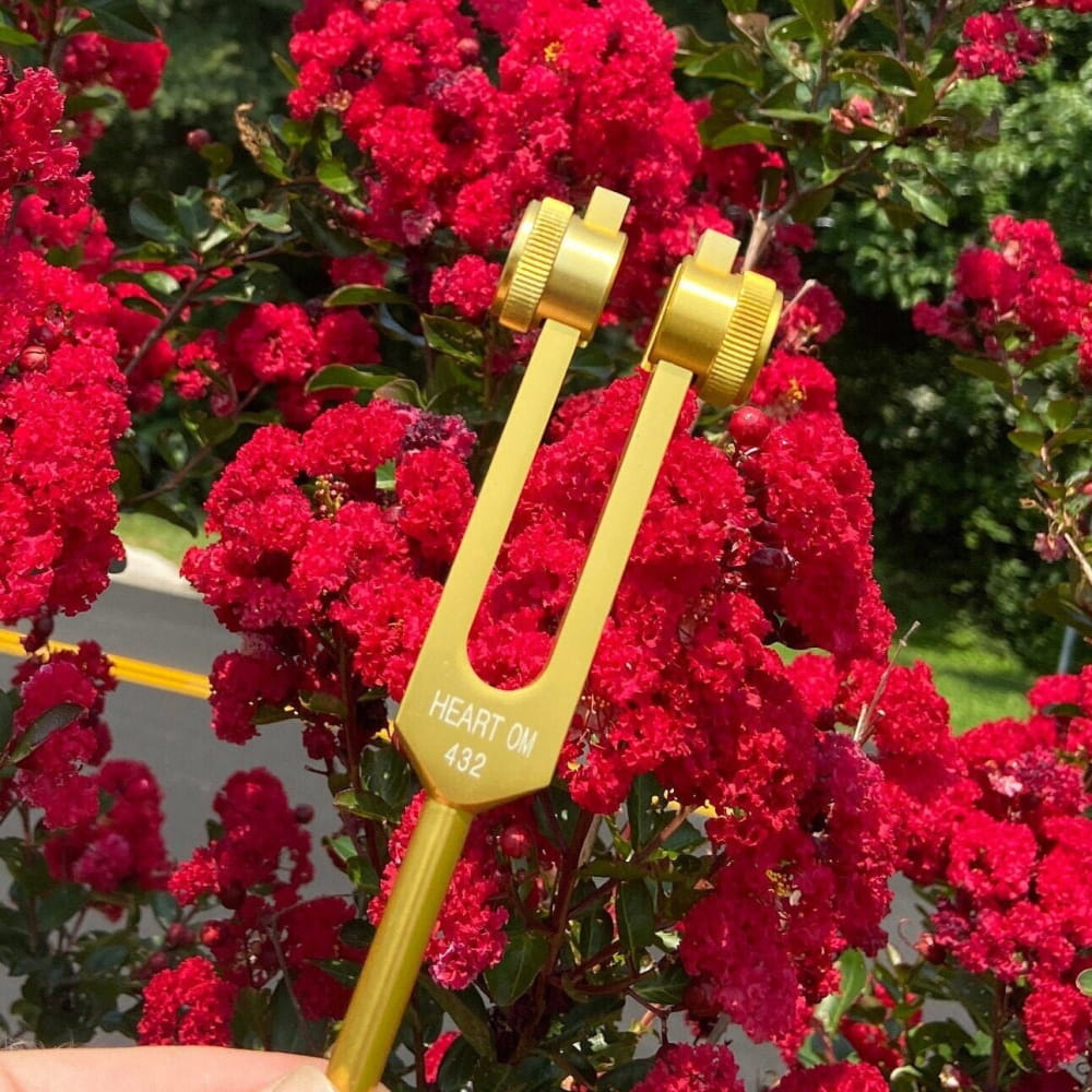 Gold-colored 432 Hz Weighted Tuning Fork against vibrant red flowers for healing therapy