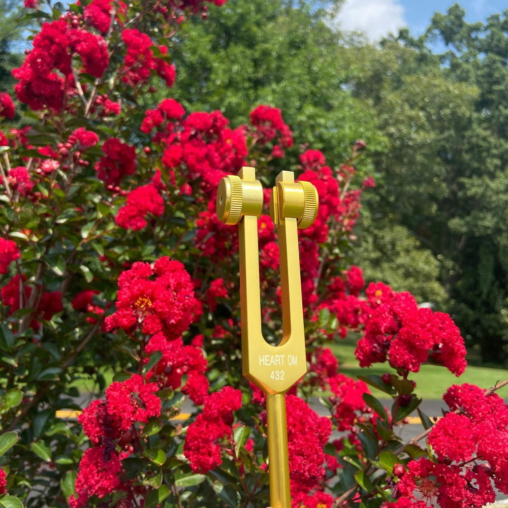 Golden tuning fork among vibrant red flowers for 432 Hz healing therapy