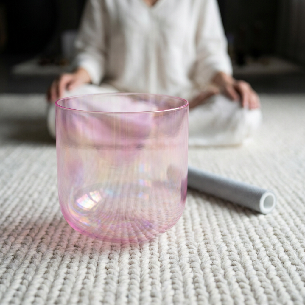 432Hz Alchemy Cosmic Light Clear Pink Crystal Singing Bowl with Bag