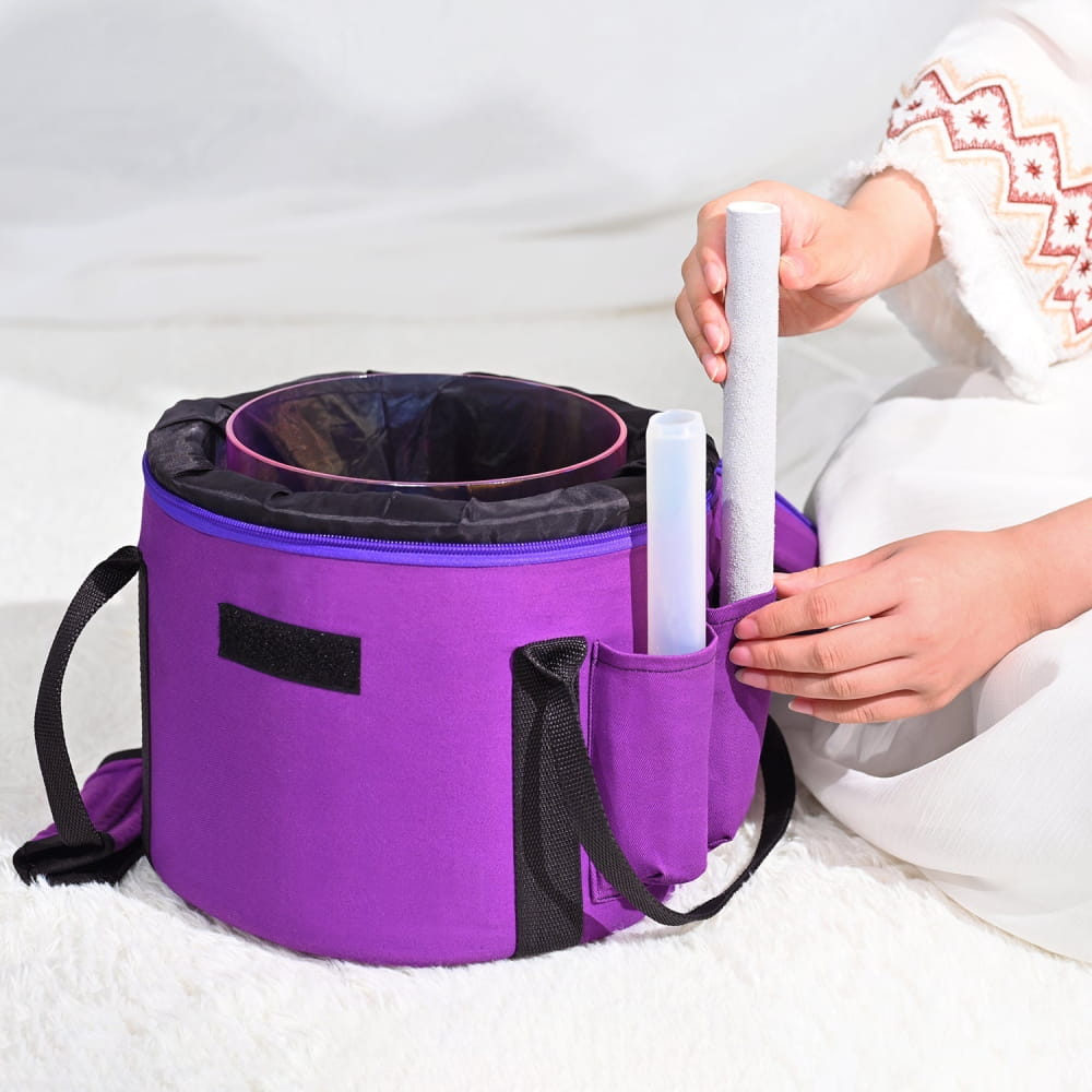 Purple insulated drink carrier bag with storage pockets for 432Hz Alchemy singing bowl